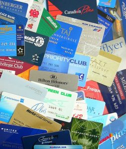 Different loyalty cards for hotel stays, car rentals, and frequent flyer miles