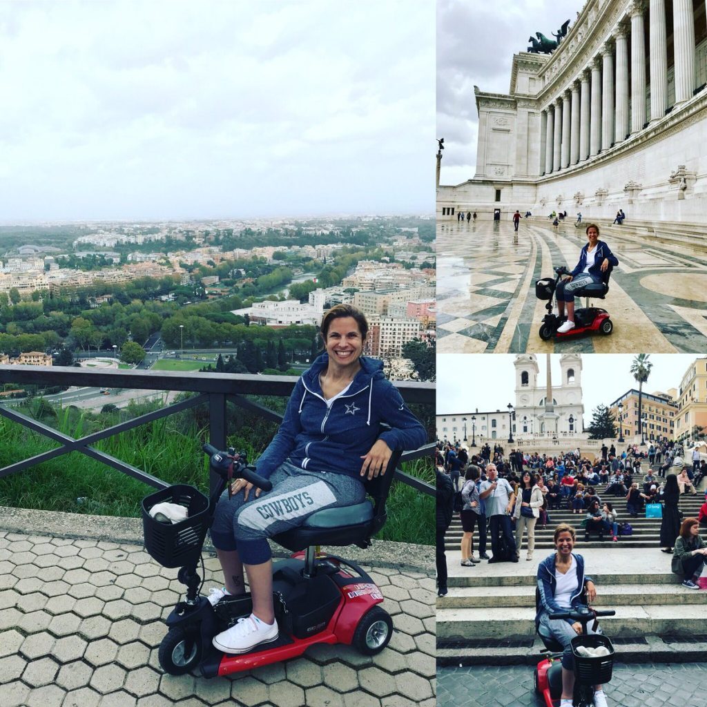 Sylvia Longmire, accessible travel agent, in Rome, Italy on her Pride Mobility scooter