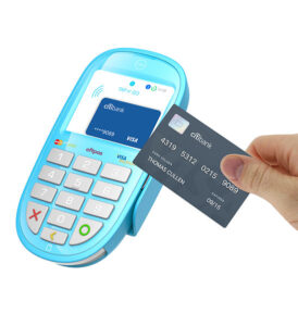 A credit card reader that uses an embedded RFID chip.