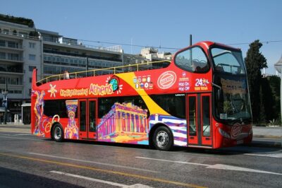 A double-decker tour bus in Athens. These are a great way for open-air tours to see new cities.